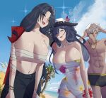  1boy 2girls abs absurdres alternate_costume armpits ashveil_(honkai:_star_rail) bandaged_chest bangle beach black_hair blade_(honkai:_star_rail) blue_hair blue_sky bracelet breasts caelus_(honkai:_star_rail) cleavage commentary curtained_hair dress english_commentary fedora ficoemirrio genderswap genderswap_(mtf) grey_eyes grey_hair hair_between_eyes hair_over_one_eye hat highres honkai:_star_rail honkai_(series) jacket jewelry large_breasts long_hair looking_at_another mortenax_blade_(honkai:_star_rail) multiple_girls navel necklace one_eye_closed open_clothes open_jacket orange_eyes pants shorts sky sleeveless toned toned_male tongue tooth_necklace trailblazer_(honkai:_star_rail) veins veiny_breasts 