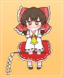  1girl ascot bare_shoulders border bow brown_eyes brown_hair clenched_teeth commentary detached_sleeves frilled_bow frilled_hair_tubes frilled_skirt frills full_body gohei hair_bow hair_tubes hakurei_reimu highres holding holding_gohei looking_at_viewer nontraditional_miko orange_background red_bow red_shirt red_skirt ribbon-trimmed_sleeves ribbon_trim shirt skirt sleeveless sleeveless_shirt solo takeo_(goufrog) teeth touhou yellow_ascot 