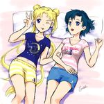  ;q bishoujo_senshi_sailor_moon blonde_hair blue_eyes blue_hair candide double_bun long_hair lying midriff mizuno_ami multiple_girls one_eye_closed pajamas pillow short_hair shorts tongue tongue_out tsukino_usagi 