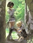  2girls absurdres armor belt belt_collar black_belt black_boots black_collar black_dress black_hair blonde_hair blue_eyes boots braid breasts brown_boots brown_gloves collar commentary cross dark-skinned_female dark_skin day dress elbow_gloves english_commentary frilled_dress frills from_side fur_collar gloves green_eyes grey_belt hair_ornament hairband highres holding holding_sword holding_weapon knee_boots lace-up_boots medium_breasts multiple_girls on_one_knee orange_eyes original outdoors pauldrons pointy_ears poleyn puffy_short_sleeves puffy_sleeves sheath sheathed short_dress short_hair short_sleeves shoulder_armor spiked_collar spikes standing sword thighhighs tying_footwear vinne weapon white_dress white_gloves white_hairband white_thighhighs 