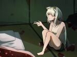  1girl alternate_costume animal_ear_fluff animal_ears arknights bad_feet bare_arms bare_shoulders barefoot between_fingers black_shorts can cat_ears cat_girl chromatic_aberration cigarette closed_mouth commentary dirty drink_can english_commentary full_body futon green_hair grey_eyes highres holding holding_cigarette indoors kal'tsit_(arknights) long_hair looking_at_viewer multicolored_hair on_floor pillow saturdaylight shorts sitting sleeveless smoke solo streaked_hair tank_top white_hair white_tank_top 