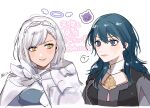  2girls ? blue_eyes blue_hair blue_halo braid breasts cape commentary_request emoji feathered_cape female_byleth_(fire_emblem) female_eshmel_(fire_emblem) fire_emblem fire_emblem:_fortune's_weave fire_emblem:_three_houses halo highres jewelry long_hair medium_breasts multiple_girls short_hair simple_background smile spoken_question_mark tani11a translation_request white_background white_cape white_hair yellow_eyes 