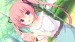  1girl :d black_ribbon blue_skirt blurry blurry_background blush book bow collarbone day depth_of_field dutch_angle frilled_shirt frilled_sleeves frills game_asset hair_between_eyes hair_ornament hair_ribbon hairclip holding holding_book koi_ni_kanmi_o_soete long_hair looking_at_viewer miyasaka_miyu miyasaka_naco niwasaka_rira open_book open_mouth outdoors park pink_hair purple_eyes ribbon shirt short_sleeves skirt smile solo swing tree twintails white_shirt 