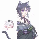  animal_ears bare_shoulders black_gloves black_hair black_kimono book bow bukejie cat_ears cat_tail checkered_sleeves collarbone commentary furisode gloves highres holding holding_book housho_margo japanese_clothes kemonomimi_mode kimono lolita_fashion long_sleeves looking_at_viewer mahou_shoujo_no_majo_saiban neck_ribbon off_shoulder open_mouth parted_bangs purple_eyes ribbon sakuraba_ema short_hair simple_background smile tail untranslatable_commentary wa_lolita white_background wide_sleeves 