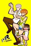  1boy 2girls brown_hair child cousins doujima_nanako grey_hair height_difference highres leg_up multiple_girls narukami_yu pants persona persona_4 persona_4_revival satonaka_chie shoes smile standing standing_on_one_leg title tubularparu yotsubato! yotsubato!_pose 