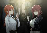  2girls black_jacket black_necktie blunt_bangs braid braided_ponytail breasts chainsaw_man cigarette commentary_request crossover highres holding holding_cigarette jacket large_breasts long_hair looking_at_viewer makima_(chainsaw_man) multiple_girls necktie open_clothes open_jacket red_eyes red_hair shirt sky-freedom super_no_ura_de_yani_suu_futari tayama_(super_no_ura_de_yani_suu_futari) trait_connection white_shirt yellow_eyes 