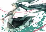  closed_eyes detached_sleeves floating_hair green_hair hair_ribbon hand_on_own_chest hatsune_miku highres long_hair open_mouth ribbon shuzi skirt solo twintails very_long_hair vocaloid 