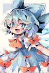  1girl ahoge blue_bow blue_dress blue_eyes blue_hair blush bow cirno collared_shirt commentary_request detached_wings dress fairy hair_between_eyes hair_bow highres ice ice_wings mame_komari one-hour_drawing_challenge open_mouth puffy_short_sleeves puffy_sleeves shirt short_hair short_sleeves smile solo touhou white_shirt wings 