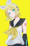 1girl absurdres aqua_eyes bare_shoulders black_sailor_collar blonde_hair bow breasts commentary_request detached_sleeves hair_bow hair_ornament hairclip headphones highres kagamine_rin looking_at_viewer neckerchief number_tattoo parallel_hairclips sailor_collar shirt short_hair simple_background sleeveless sleeveless_shirt small_breasts smile tattoo treble_clef tsukii_(t_s_u_k_i_i) vocaloid white_bow white_shirt yellow_background yellow_neckerchief yellow_trim 