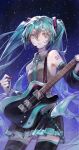  1girl aqua_eyes aqua_hair aqua_nails aqua_necktie aqua_trim bare_shoulders black_skirt black_sleeves chinese_commentary commentary_request cowboy_shot detached_sleeves electric_guitar esp_stream-miku-custom evnight fingernails grey_shirt guitar hair_between_eyes hair_ornament hatsune_miku headset highres holding holding_instrument holding_plectrum instrument long_hair nail_polish necktie number_tattoo parted_lips pleated_skirt plectrum shirt shoulder_tattoo sidelocks skirt sleeveless sleeveless_shirt solo star_(sky) starry_sky_background tattoo thighhighs twintails very_long_hair vocaloid wide_sleeves wing_collar zettai_ryouiki 