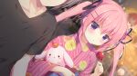  1boy 1girl black_shirt blush candy_apple dutch_angle festival flower food fruit game_asset hair_ornament hair_ribbon hairclip holding japanese_clothes kimono koi_ni_kanmi_o_soete long_hair miyasaka_miyu miyasaka_naco niwasaka_rira pink_hair pink_kimono purple_eyes ribbon shirt stuffed_animal stuffed_rabbit stuffed_toy summer_festival twintails yukata 