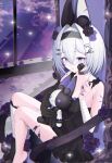  1girl absurdres arm_wrap asymmetrical_legwear bandaid bandaid_on_finger bandaid_on_hand bandaid_on_leg bandaid_on_thigh bare_shoulders black_dress black_flower black_gloves black_hairband black_socks blue_eyes chair commentary dress elbow_gloves em_0801 flower gauze gauze_on_cheek gloves hair_between_eyes hair_flower hair_intakes hair_ornament hairband highres holding_sewing_needle leg_wrap lolita_hairband needle original paperclip_hair_ornament purple_flower scissors_hair_ornament sewing sewing_needle short_hair single_elbow_glove single_glove single_sock sitting socks solo stitches stuffed_toy tile_floor tiles untranslatable_commentary white_hair window x_hair_ornament 