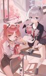  2girls black_choker black_gloves black_horns black_shirt black_skirt blue_archive blue_eyes blurry blurry_background blush bow bowtie bracelet breast_pocket breasts cellphone chair choker chromatic_aberration cleavage clothes_around_waist commentary_request cowboy_shot curtains demon_girl demon_horns demon_tail desk double_bun drink_carton drinking drinking_straw drinking_straw_in_mouth erika_(blue_archive) fingernails gloves grey_halo hair_bun hair_intakes half_gloves halo high-waist_skirt highres holding holding_drink_carton holding_juice_box holding_phone horns indoors jacket jacket_around_waist jewelry juice_box kirara_(blue_archive) long_hair looking_at_viewer loose_necktie medium_breasts multiple_bracelets multiple_girls necklace necktie notched_tail ojisan_kamo_shiremasen on_chair on_table one_eye_closed open_collar open_window phone pink_hair pocket red_bow red_bowtie red_eyes red_nails red_necktie school_chair school_desk shadow shirt short_hair short_necktie sitting sitting_backwards skirt smartphone smile swept_bangs table tail very_long_hair w white_hair white_shirt window 