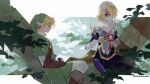  1boy 1girl bandaged_arm bandaged_head bandages belt blonde_hair blue_bodysuit bodysuit boots brown_boots brown_gloves closed_eyes commentary covered_mouth ear_piercing english_commentary fairy gloves green_hat green_tunic hair_over_one_eye hat holding holding_instrument holding_lyre holding_ocarina instrument leaf link lyre manodemarina navi ocarina piercing pointy_ears rain red_eyes sheik sitting the_legend_of_zelda the_legend_of_zelda:_ocarina_of_time tunic twitter_username 