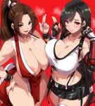  2girls areola_slip asymmetrical_docking black_gloves black_hair black_skirt blush breast_press breasts brown_hair cleavage closed_mouth collarbone commentary_request covered_nipples crossover dress fatal_fury final_fantasy final_fantasy_vii fingerless_gloves gauntlets gloves hair_between_eyes hand_on_own_hip highres large_breasts long_hair looking_at_viewer magukappu multiple_girls navel open_mouth parted_lips ponytail red_background red_dress red_eyes shiranui_mai sidelocks simple_background skirt smile standing steam street_fighter street_fighter_6 tank_top the_king_of_fighters thighhighs tifa_lockhart white_tank_top white_thighhighs 