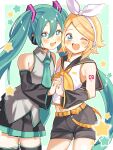 2girls akane_yuki_(yukito0306) aqua_eyes aqua_hair aqua_nails aqua_necktie bare_shoulders belt black_sailor_collar black_shorts black_sleeves blonde_hair blue_eyes bow breasts commentary detached_sleeves flat_chest grey_shirt hair_bow hair_ornament hairclip hatsune_miku headphones headset highres holding_hands kagamine_rin long_hair looking_at_viewer multiple_girls neckerchief necktie number_tattoo one_eye_closed open_mouth parallel_hairclips sailor_collar shirt short_hair shorts small_breasts smile star_(symbol) tattoo treble_clef twintails very_long_hair vocaloid white_bow white_shirt yellow_belt yellow_nails yellow_neckerchief yellow_trim 