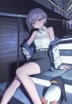  1girl absurdres bang_dream! bang_dream!_it's_mygo!!!!! belt black_skirt blue_jacket breasts brown_eyes collared_shirt commentary dress_shirt earrings english_commentary grey_hair highres jacket jewelry looking_at_viewer medium_breasts off_shoulder open_clothes open_jacket open_mouth shirt short_hair single_earring sitting skirt sleeveless sleeveless_shirt solo stairs stuffed_animal stuffed_penguin stuffed_toy takamatsu_tomori white_belt white_shirt xzu 