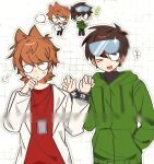  >_o +++ 2boys absurdres animification antenna_hair averting_eyes bandage_on_cheek black_sweater blush blush_stickers brown_hair chibi chibi_inset chinese_commentary chinese_text clipboard coat commentary_request commission drawstring edd_(eddsworld) eddsworld flipped_hair goggles goggles_on_head green_hoodie hair_behind_ear hair_ears hand_in_pocket height_difference highres holding holding_clipboard hood hood_down hoodie id_card jitome lab_coat lanyard long_sleeves looking_at_another looking_to_the_side male_focus matching_accessory multiple_boys multiple_views official_alternate_costume one_eye_closed open_clothes open_coat open_mouth red_shirt scientist shirt short_hair single_blush_sticker slit_pupils smile speech_bubble spoilers sweatdrop sweater swept_bangs tord_(eddsworld) translation_request turtleneck turtleneck_sweater watermark white_coat wristband yunian77 