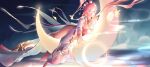  1girl absurdres breasts chinese_commentary chuanshanjiajibingwan commentary_request crescent_moon diamond-shaped_pupils diamond_(shape) dress elf elysia_(hi_love_elf)_(honkai_impact) elysia_(honkai_impact) elysia_(lunar_grace)_(honkai_impact) feixianji_(hairstyle) flower hair_flower hair_ornament hair_rings highres honkai_(series) honkai_impact_3rd lantern large_breasts long_hair moon official_alternate_costume on_moon paper_lantern pink_hair pointy_ears purple_eyes rabbit red_dress shuangyaji sky_lantern smile solo symbol-shaped_pupils thighs very_long_hair 