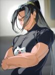  1boy absurdres animal black_eyes black_hair black_shirt blurry blurry_background cat commentary crossed_arms curtained_hair hair_over_one_eye hair_tattoo high_ponytail highres holding holding_animal jia_qiu_(project_moon) limbus_company looking_at_animal male_focus muscular muscular_male ponytail project_moon scar scar_on_face serious shirt solo tight_clothes tight_shirt toned toned_male upper_body white_cat yongsadragon 