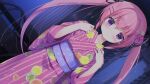  1girl black_ribbon blush closed_mouth dutch_angle flower game_asset hair_flower hair_ornament hair_ribbon hairclip hands_up japanese_clothes kimono koi_ni_kanmi_o_soete long_hair looking_at_viewer miyasaka_miyu miyasaka_naco night niwasaka_rira obi pink_hair pink_kimono purple_eyes ribbon sash smile solo striped_clothes striped_kimono twintails vertical-striped_clothes vertical-striped_kimono very_long_hair wide_sleeves yukata 