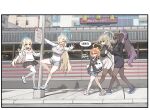  5girls ahoge akane_(blue_archive) alternate_costume asuna_(blue_archive) black_hair black_skirt blue_archive blue_shoes breasts brown_hair brown_pantyhose cleaning_&amp;_clearing_(blue_archive) cleavage closed_eyes closed_mouth commentary crocs dark-skinned_female dark_skin denim denim_shorts full_body grey_shoes grey_shorts hair_over_one_eye halo highres holding holding_phone jacket karin_(blue_archive) large_breasts long_hair long_sleeves looking_at_viewer mcdonald's micasa_tto mole mole_on_chest multicolored_hair multiple_girls navel neru_(blue_archive) open_clothes open_jacket open_mouth orange_hair outdoors pantyhose phone pink_shoes ponytail purple_hair shirt shoes short_hair shorts skirt smile sparkle standing sweater thighhighs toki_(blue_archive) v very_long_hair walking white_jacket white_shirt white_shoes white_skirt white_thighhighs zettai_ryouiki 