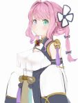  1girl absurdres ahoge black_dress blush bow breasts china_dress chinese_clothes covered_nipples detached_sleeves dress green_eyes hair_bow hair_intakes hair_ornament highres himemori_luna hololive large_breasts long_hair long_sleeves nanashi_(nlo) pink_eyes pink_hair purple_bow simple_background solo virtual_youtuber white_background white_dress white_sleeves 