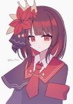  1girl alternate_hair_length_(shorter) alternate_hairstyle armband artist_name black_capelet black_hair black_shirt capelet closed_mouth collared_shirt commentary_request crown flower hair_flower hair_ornament highres long_sleeves looking_at_viewer mahou_shoujo_no_majo_saiban necktie nikaido_hiro pleated_capelet red_armband red_eyes red_flower red_necktie runa_(runa7733) shirt short_hair side_capelet signature simple_background solo twitter_username white_background white_shirt 