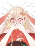  1girl absurdres animal_ears armor blonde_hair blush brown_eyes cho_kaguya-hime! commentary crescent crescent_hair_ornament ear_blush hair_ornament heart heart-shaped_pupils highres japanese_clothes kaguya_(cho_kaguya-hime!) kaguya_(tsukuyomi)_(cho_kaguya-hime!) kimono long_hair one_eye_closed rabbit_ears rabbit_girl red_kimono shoulder_armor solo symbol-shaped_pupils xp0p0p0x 