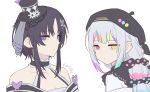  2girls bare_shoulders beret black_hat bow bug butterfly butterfly_hat_ornament commentary_request hat hat_ornament heterochromia housho_margo japanese_clothes jitome jogasaki_noah kimono kotetsu_080 lolita_fashion long_hair looking_at_viewer mahou_shoujo_no_majo_saiban mini_hat multi-tied_hair multicolored_hair multiple_girls polka_dot polka_dot_bow purple_butterfly ribbon short_hair simple_background staring streaked_hair top_hat wa_lolita white_background white_hair yellow_eyes 