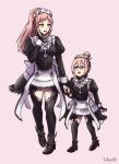  2girls :d alternate_costume apron blue_eyes breasts cosplay felicia_(fire_emblem) felicia_(fire_emblem)_(cosplay) female_kana_(fire_emblem) fire_emblem fire_emblem_fates hair_bun hand_on_own_cheek hand_on_own_face highres maid maid_apron maid_headdress medium_breasts mother_and_child mother_and_daughter multiple_girls nohrian_maid_uniform open_mouth parent_and_child pink_hair pointy_ears ponytail simple_background sketch small_breasts smile thighhighs thighs whimcb 