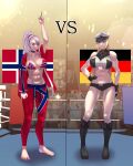  2girls abs absurdres annette_weber_(halfratehero) arm_at_side arm_up ass_visible_through_thighs asymmetrical_bangs asymmetrical_sidelocks audience balkenkreuz bare_shoulders barefoot belt bikini bikini_top_only black_boots black_gloves black_shorts blonde_hair blue_belt blue_eyes boots boxing_ring breasts closed_mouth collarbone commentary commission crop_top cross crowd deltoids drill_hair drill_sidelocks english_commentary flag_print flag_print_bikini full_body german_flag gloves grey_hair hairband hand_on_own_hip hat highres index_finger_raised jacket lace-up_boots large_breasts long_hair long_sleeves micro_shorts military_hat multiple_girls muscular muscular_female natalya_(ucling) navel norwegian_flag norwegian_flag_bikini norwegian_flag_print obliques open_clothes open_jacket original pants peaked_cap ponytail print_bikini purple_eyes red_hairband red_jacket red_pants red_scrunchie scrunchie shorts sidelocks smile soulhyuny split_screen stairs standing swimsuit toes vs 