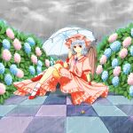  1girl bat_wings blue_flower blue_hair brooch checkered_floor closed_mouth cloud cloudy_sky collared_shirt commentary_request crossed_legs flower frilled_shirt_collar frills hat hat_ribbon holding holding_umbrella hydrangea jewelry looking_at_viewer mangetsu_(yayoi) medium_hair mob_cap on_floor outdoors pink_flower pink_hat pink_shirt pink_skirt rain red_eyes red_shoes red_wrist_cuffs remilia_scarlet ribbon shirt shoes skirt skirt_set sky smile snail socks solo touhou umbrella white_socks wings wrist_cuffs 