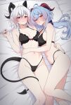  2girls absurdres bed_sheet black_bra black_horns black_nails black_panties black_tail blue_hair blush bra breasts cleavage commentary crossover curled_horns demon_horns demon_tail fingernails ganyu_(genshin_impact) genshin_impact goat_horns grey_hair hair_between_eyes hair_intakes highleg highleg_panties highres horns large_breasts long_hair looking_at_viewer lying mole mole_under_eye multiple_girls nail_polish navel on_back on_bed paid_reward_available panties purple_eyes red_eyes roswell_ss stomach tail tail_around_own_leg thighs underwear underwear_only wuthering_waves zani_(wuthering_waves) 