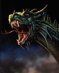  dragon fangs forked_tongue frill green_scales horn open_mouth saliva scales sharp_teeth slit_pupil spikes teeth tongue unknown_artist yellow_eyes 