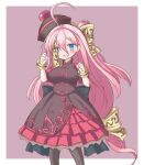  1girl ahoge black_bow blue_eyes bow breasts brown_hat brown_jacket brown_thighhighs commentary_request dress emil_chronicle_online frilled_dress frills frr_(akf-hs) hat highres jacket jiangshi large_breasts long_hair ofuda ofuda_bow ofuda_on_head open_mouth pink_hair purple_background red_dress side_ponytail solo specter_alma thighhighs waist_bow wrist_cuffs yellow_bow yellow_wrist_cuffs 