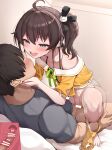  1boy 1girl :d afterimage ahoge bar_censor black_camisole black_ribbon blue_eyes blush bottomless bow bow_panties breasts brown_hair camisole cat_hair_ornament censored collarbone commentary_request cowgirl_position cropped_jacket cross-section faceless faceless_male girl_on_top grey_shirt hair_between_eyes hair_ornament hair_ribbon halterneck hetero highres hololive indoors jacket looking_at_another lying natsuiro_matsuri natsuiro_matsuri_(1st_costume) non_non_moral off-shoulder_jacket off_shoulder on_back on_bed open_mouth orange_jacket paid_reward_available panties panties_around_one_leg penis ribbon sex shirt short_hair short_sleeves side_ponytail small_breasts smile solo_focus spaghetti_strap squatting_cowgirl_position straddling teeth textless_version underwear upper_teeth_only uterus vaginal variant_set veins veiny_penis very_short_hair virtual_youtuber yellow_panties 