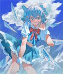  1girl :3 ahoge blue_bow blue_eyes blue_hair blue_skirt blue_sky blue_vest blush bow bowtie cirno closed_mouth cloud collared_shirt commentary_request dated day double-parted_bangs feet_out_of_frame firecracker_(user_kgxp3553) frilled_skirt frills hair_between_eyes hair_bow hand_up highres ice ice_wings looking_at_viewer midriff navel outdoors red_bow red_bowtie shirt short_hair short_sleeves skirt skirt_set sky solo standing tearing_up touhou vest white_shirt wings wrist_cuffs 