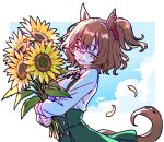  1girl animal_ears aston_machan_(casual)_(umamusume) aston_machan_(umamusume) blue_sky breasts brown_hair casual chime! cloud commentary ear_scrunchie flower glasses green_skirt hair_ornament hair_scrunchie highres holding holding_flower horse_ears horse_girl horse_tail large_breasts long_sleeves medium_hair one_side_up open_mouth over-rim_eyewear red-framed_eyewear red_scrunchie scrunchie semi-rimless_eyewear shirt skirt sky smile solo sunflower suspender_skirt suspenders tail umamusume untranslatable_commentary white_shirt 