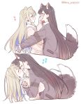  2girls alternate_hair_length_(longer) animal_ears azusawa_kohane beru_popooo black_hair blonde_hair blue_hair blue_nails breasts brown_cardigan cardigan closed_eyes commentary english_commentary grey_cardigan hand_on_another's_face highres hug kamiyama_high_school_uniform_(project_sekai) kemonomimi_mode kiss miyamasuzaka_girls'_academy_school_uniform multiple_girls nail_polish official_alternate_hairstyle project_sekai red_hair red_nails school_uniform serafuku shiraishi_an simple_background sleeves_past_wrists tail tail_wagging translation_request untranslatable_commentary whip_the_wimp_girl!!_(project_sekai) white_background wolf_ears wolf_girl wolf_tail yuri 