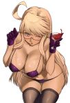  1girl ahoge alma_armas bikini blonde_hair breasts brown_thighhighs changedalizi collarbone covered_nipples cup dark-skinned_female dark_skin glasses gloves hands_up highres holding holding_cup large_breasts leaning_forward long_hair looking_at_viewer mechanical_hands navel one_eye_closed puckered_lips purple_bikini purple_gloves semi-rimless_eyewear shiny_skin skindentation solo string_bikini swimsuit thighhighs under-rim_eyewear va-11_hall-a wet white_background yellow_eyes 