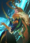  1boy absurdres black_bodysuit black_hair blue_background bodysuit cape commentary fake_horns fur-trimmed_cape fur_trim gold_gauntlets gold_helmet gold_trim green_cape green_eyes helmet highres holding holding_scepter horned_helmet horns loki_(marvel) looking_at_viewer looking_back male_focus marvel marvel_rivals mintbreak pelvic_curtain scepter smirk solo thor_(marvel)_(series) 