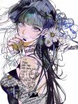  1girl black_hair black_nails blue_eyes breasts commentary english_commentary flower hair_flower hair_ornament highres john_kafka long_hair medium_breasts mole mole_under_each_eye mole_under_eye multiple_moles nail_polish original simple_background solo twintails white_background 