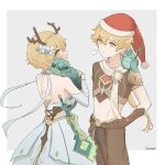  1boy 1girl absurdres aether_(genshin_impact) animal animal_on_shoulder animalization back backless_dress backless_outfit bare_shoulders belt bird bird_on_shoulder blonde_hair braid brother_and_sister brown_belt brown_gloves brown_pants brown_shirt cat cat_on_shoulder christmas closed_eyes closed_mouth commentary cowboy_shot crop_top detached_sleeves dress earrings english_commentary fang_of_the_mountain_king_(genshin_impact) flower genshin_impact gloves green_fur hair_between_eyes hair_flower hair_ornament hand_on_own_hip hat highres holding holding_animal holding_cat holding_polearm holding_sword holding_weapon holding_with_tail jewelry kinich_(genshin_impact) lim3cake long_hair looking_at_another low-braided_long_hair low-tied_long_hair lumine_(genshin_impact) midriff multicolored_flower navel open_mouth pants polearm prehensile_tail puff_of_air santa_hat scarf shirt short_hair short_hair_with_long_locks short_sleeves siblings sidelocks signature single_braid single_earring single_shoulder_pad smile spear standing strapless strapless_dress sword tail twins vambraces weapon white_dress white_flower white_scarf white_sleeves xiao_(genshin_impact) yellow_eyes 