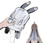  1girl absurdres ahoge bad_source blonde_hair blue_eyes cum cum_in_container cum_in_headwear cumdrip gloves hat highres holding holding_unworn_clothes holding_unworn_hat kaenby0u69 long_hair long_sleeves meme norma_hollowell parted_lips pov pov_hands shako_cap simple_background sparkle_doll_onahole_(meme) thighhighs unworn_hat unworn_headwear very_long_hair white_background white_gloves white_hat white_thighhighs wide-eyed zenless_zone_zero 