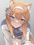  1girl animal_ear_fluff animal_ears blue_archive blue_eyes blush closed_mouth commentary_request flower hair_flower hair_ornament hairband halo highres holding long_hair long_sleeves mari_(blue_archive) mari_(track)_(blue_archive) purple_flower solo uniazi_mikan white_hairband zipper_pull_tab 