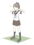  1girl anchor_symbol black_bow black_neckerchief black_socks blush bow brown_hair brown_sailor_collar brown_shoes brown_skirt closed_eyes commentary_request full_body hair_bow highres id_card kantai_collection kneehighs lanyard loafers medium_hair miniskirt neckerchief parted_bangs pleated_skirt ponytail sailor_collar school_uniform serafuku shadow shikinami_(kancolle) shirt shoes short_sleeves simple_background skirt sleepy socks solo squeans standing stretching twitter_username wachi_(hati1186) wavy_mouth white_background white_shirt 