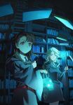  2girls absurdres asymmetrical_bangs black_necktie black_robe blonde_hair blue_eyes book bookshelf brown_eyes brown_hair chinese_commentary clenched_hand collared_shirt commentary diana_cavendish dim_lighting floating floating_book floating_object half_updo highres holding holding_lantern holding_wand hood hood_down hooded_robe indoors kagari_atsuko ladder lantern library ling5707 little_witch_academia looking_up luna_nova_school_uniform multiple_girls necktie robe school_uniform serious shirt skull wand wavy_hair white_shirt 