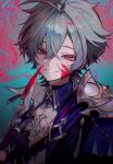  1boy armor black_choker black_gloves blood blood_on_face blood_on_knife blood_on_weapon blue_hair choker commentary crossed_bangs earrings eyelashes genshin_impact gloves grin hair_between_eyes highres holding holding_knife holding_weapon jacket jewelry knife lohen_(genshin_impact) looking_at_viewer male_focus mole mole_under_eye pauldrons pink_eyes sei_yaaa shoulder_armor simple_background single_earring single_pauldron smile solo tassel upper_body weapon 