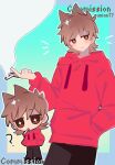  1boy ? animification antenna_hair artist_name black_pants blue_border border brown_eyes brown_hair chibi chibi_inset chinese_commentary cigarette commentary_request commission cowboy_shot drawstring eddsworld flipped_hair gradient_background hair_behind_ear hair_ears hand_in_pocket hands_in_pockets highres holding holding_cigarette hood hood_down hoodie jitome long_sleeves looking_at_viewer male_focus multiple_views notice_lines pants red_hoodie short_hair simple_background smile smoke smoking star-shaped_pupils star_(symbol) symbol-shaped_pupils tord_(eddsworld) watermark yunian77 